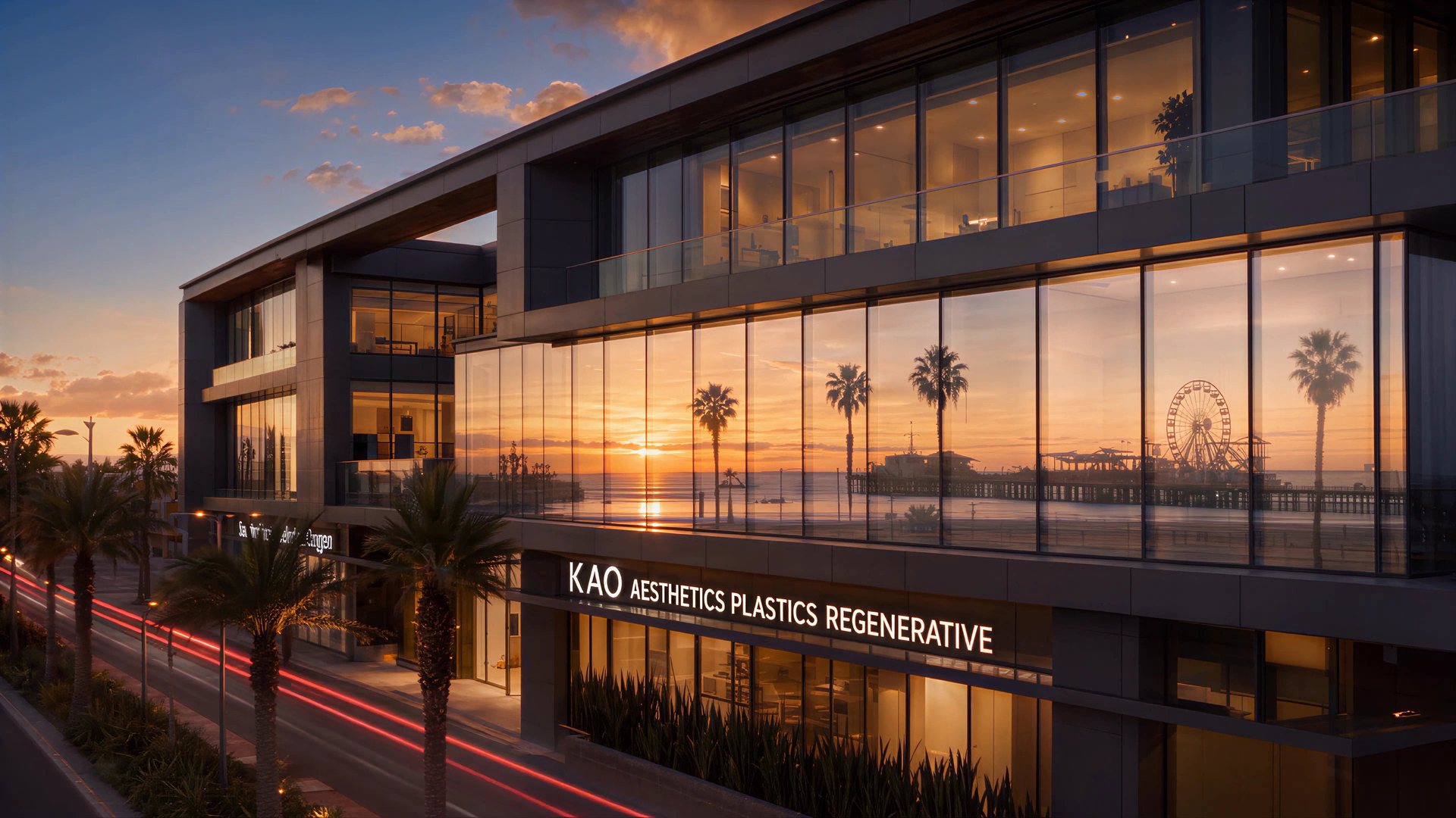 900 Wilshire Boulevard at golden hour: the second-floor glass of the three-story building reflects the sunset, the Santa Monica Pier and its Ferris wheel. Below, the sign reads KAO Aesthetics, Plastics, Regenerative.